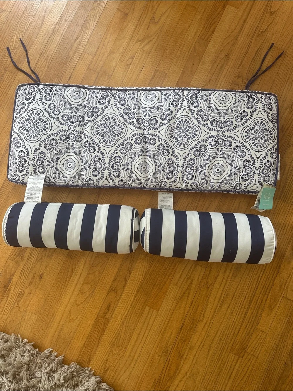 Martha Stewart Navy and White Striped Bolster and Patterned Bench Cushion Set
